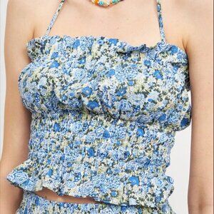 NWT Emory Park Smocked Bluebell Top Floral Cotton Stretch Halter Top, Size M